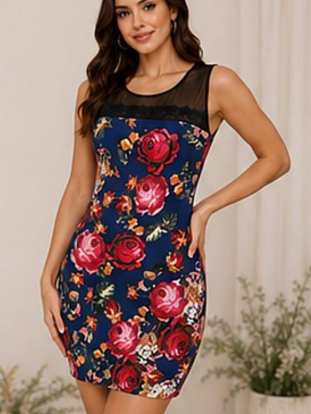 Floral Mesh Yoke Bodycon Mini Dress Navy Sleeveless Lace Trim Size M